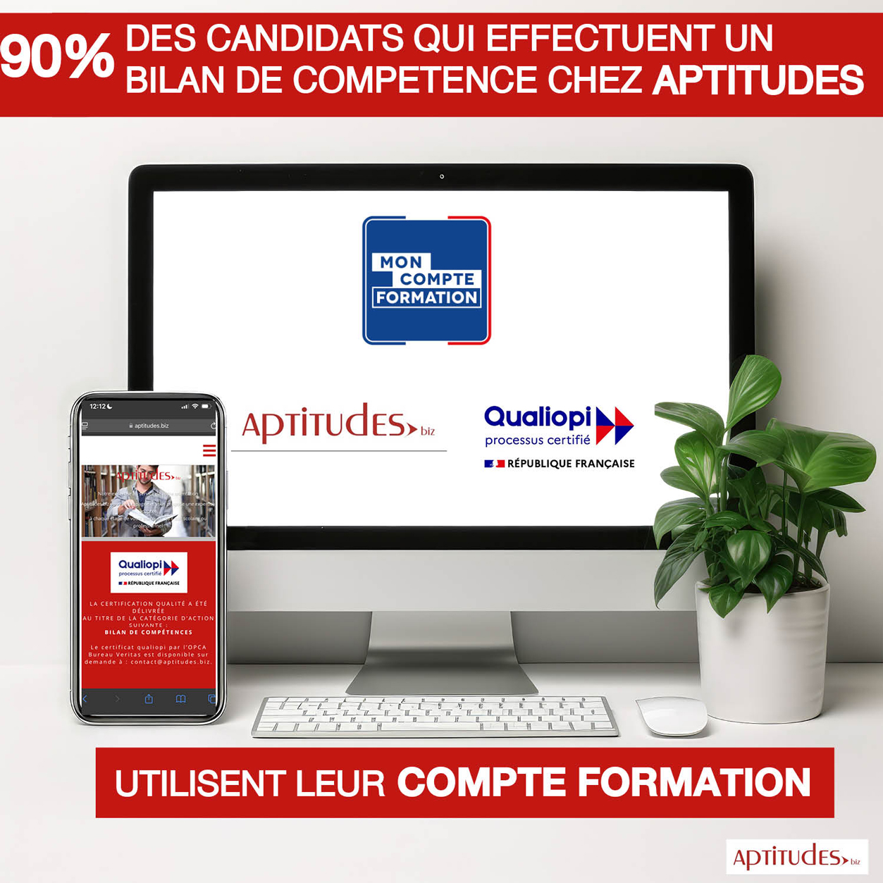 90% des candidats qui effectuent un bilan de compétences chez Aptitudes utilisent leur compte formation pour faire le point et rebondir 